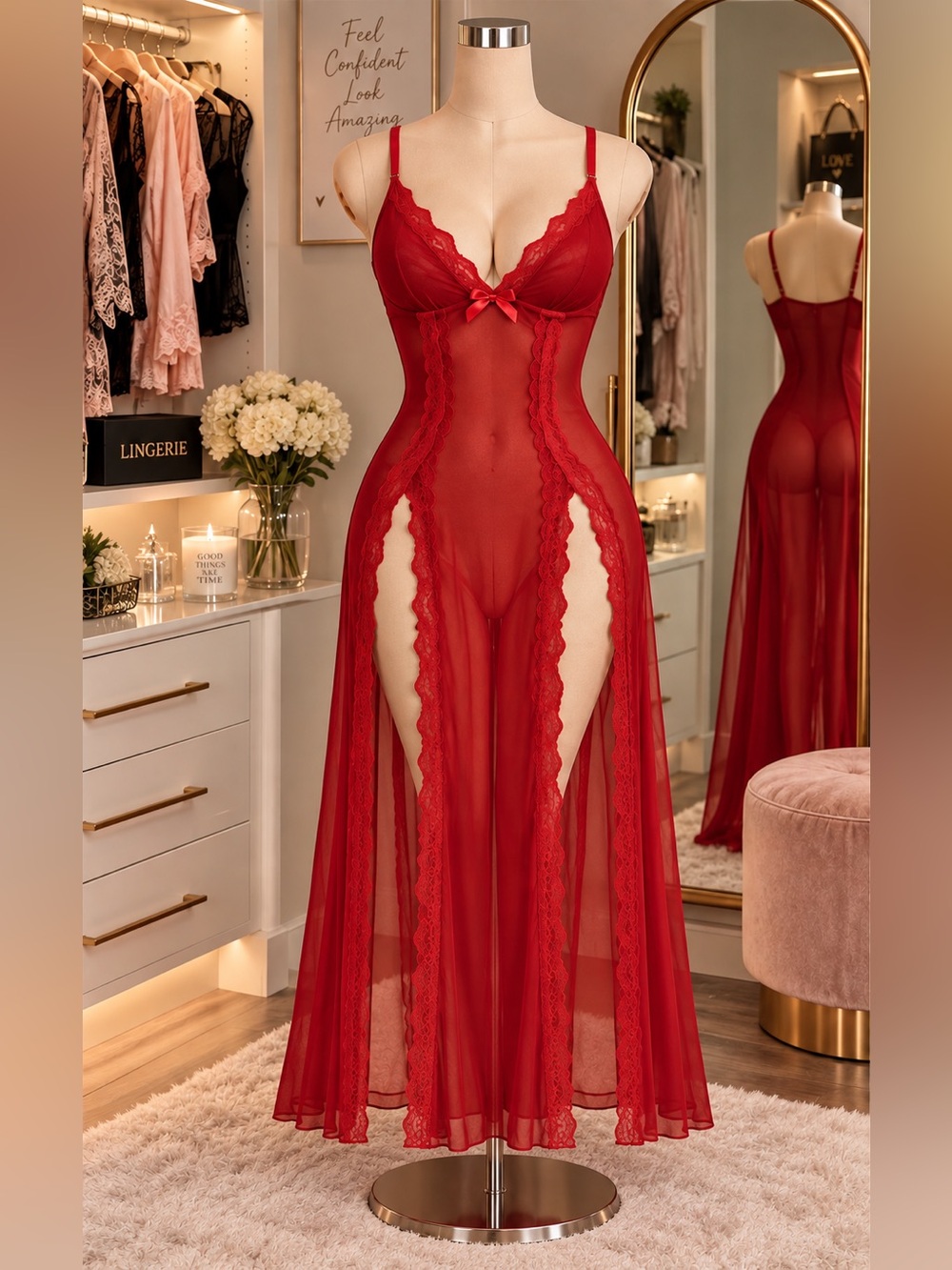 Red Sheer Lace Maxi Lingerie Nightgown – LARGE-High Slit Babydoll Sleepwear